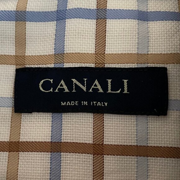 CANALI SS Designer Luxury 100% Cotton Check Shirt Made in Italy Wht Blue Tan M - Picture 8 of 13